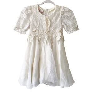 Vintage MiMi Girls White Lace Bead Detail Short  Sleeve Dress Christening